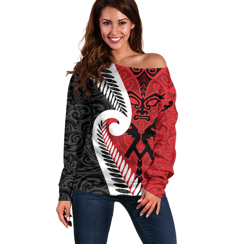 Silver Fern Koru Swirls with Maori Ta Moko Off Shoulder Sweater - Vibe Hoodie Shop