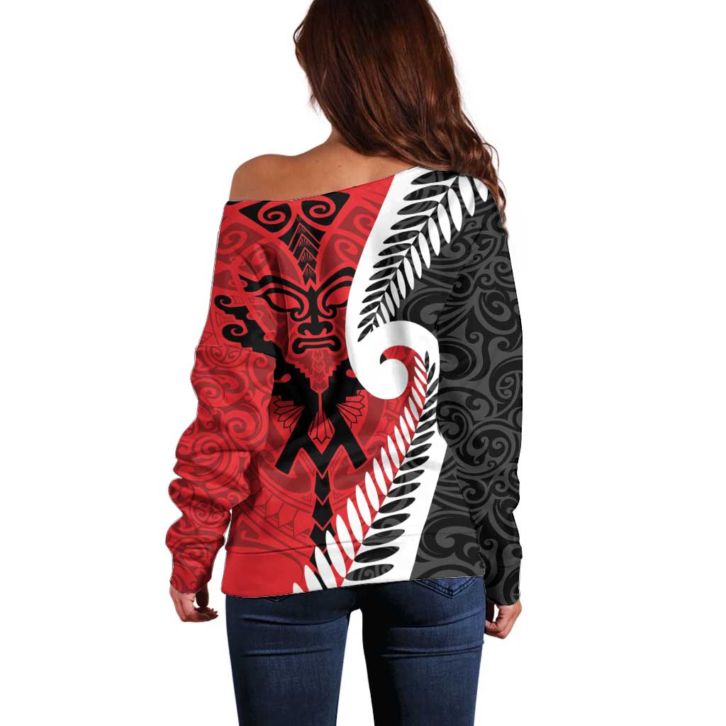 Silver Fern Koru Swirls with Maori Ta Moko Off Shoulder Sweater - Vibe Hoodie Shop