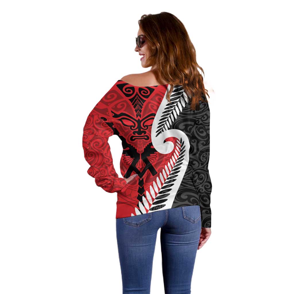 Silver Fern Koru Swirls with Maori Ta Moko Off Shoulder Sweater - Vibe Hoodie Shop