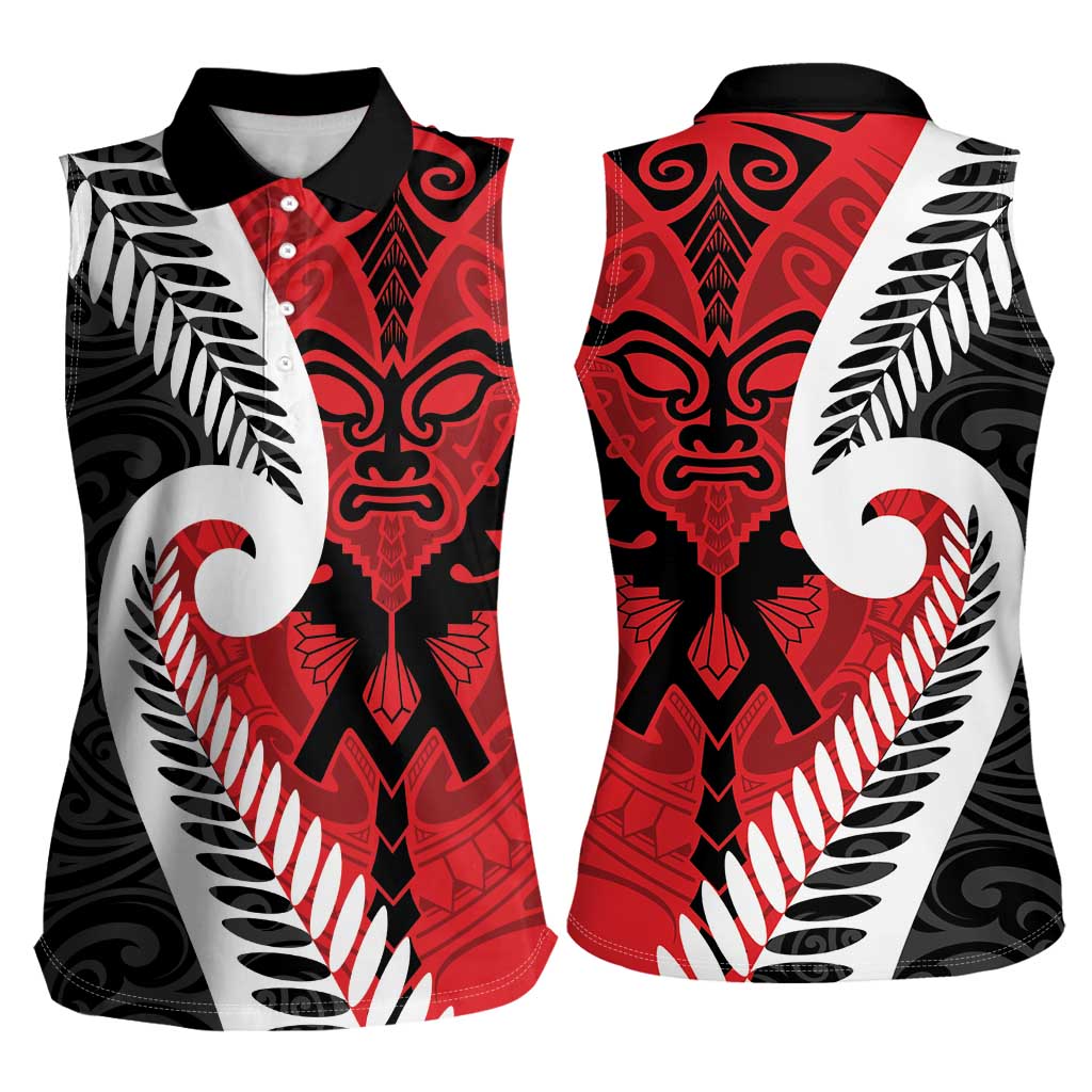 Silver Fern Koru Swirls with Maori Ta Moko Women Sleeveless Polo Shirt