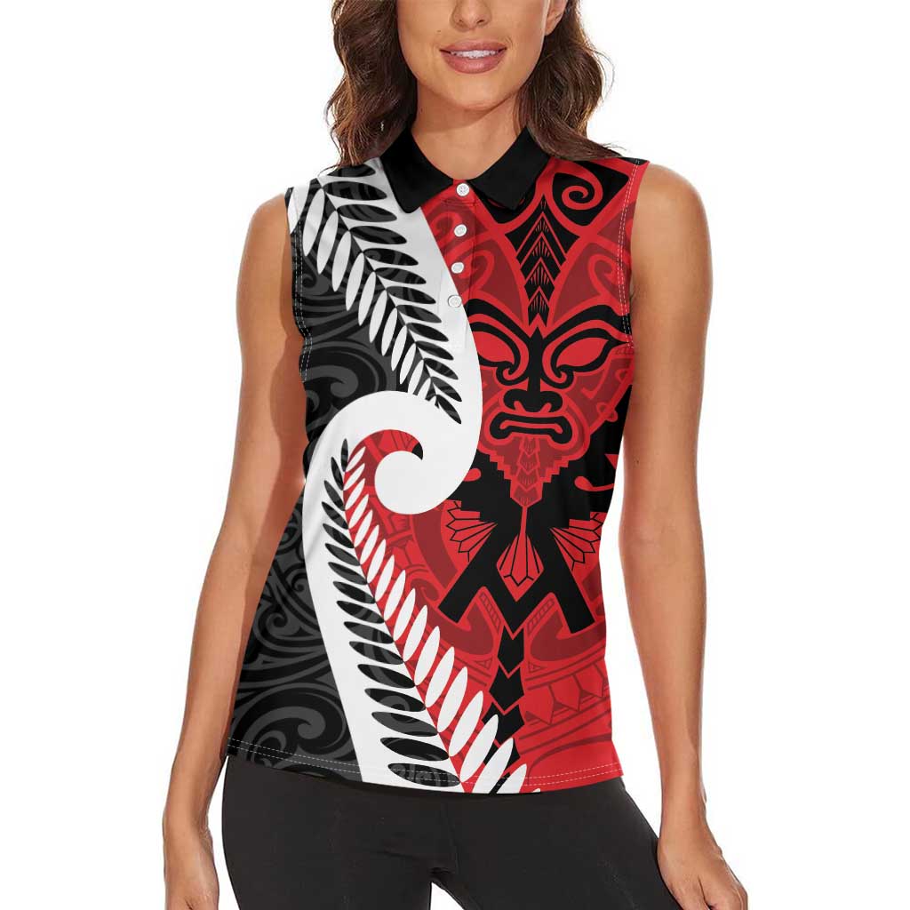 Silver Fern Koru Swirls with Maori Ta Moko Women Sleeveless Polo Shirt