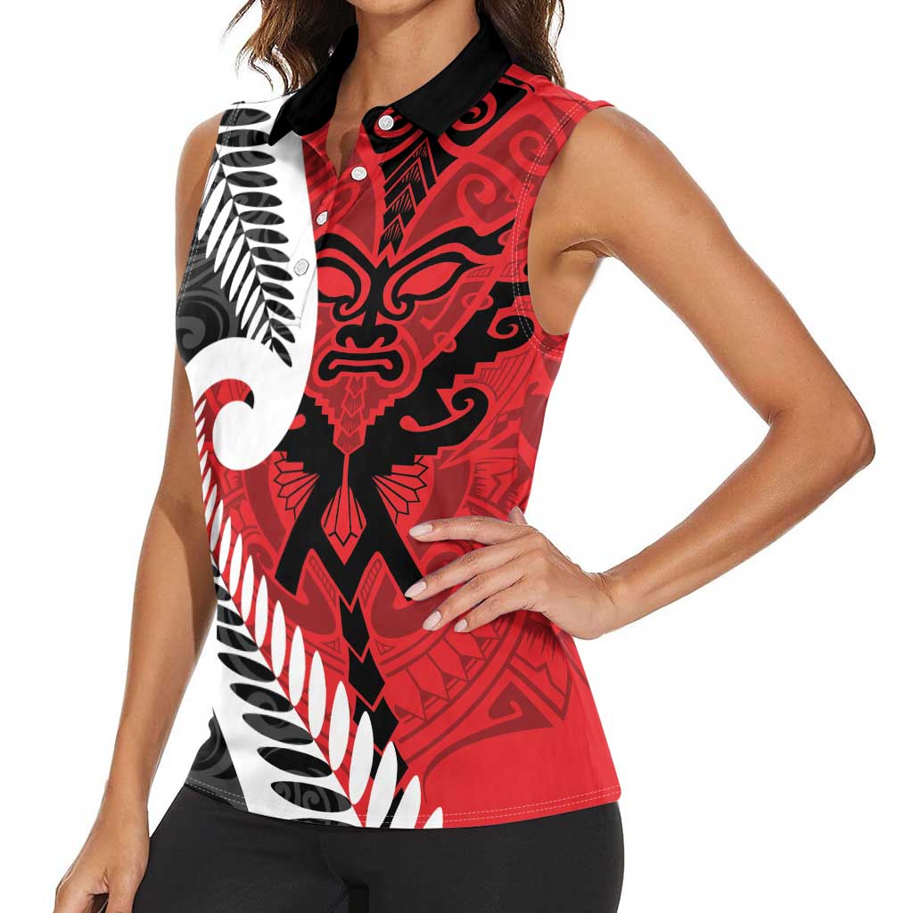 Silver Fern Koru Swirls with Maori Ta Moko Women Sleeveless Polo Shirt