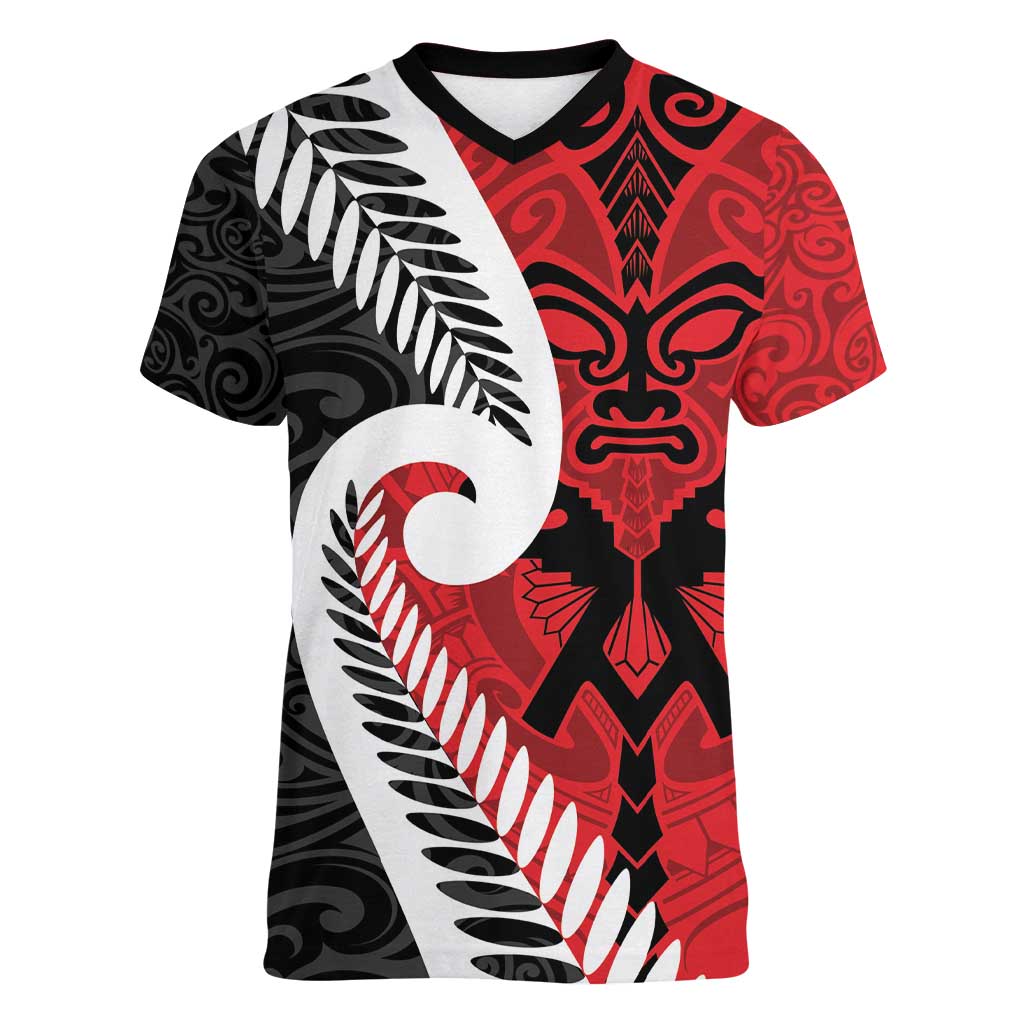 Silver Fern Koru Swirls with Maori Ta Moko Women V-Neck T-Shirt - Vibe Hoodie Shop