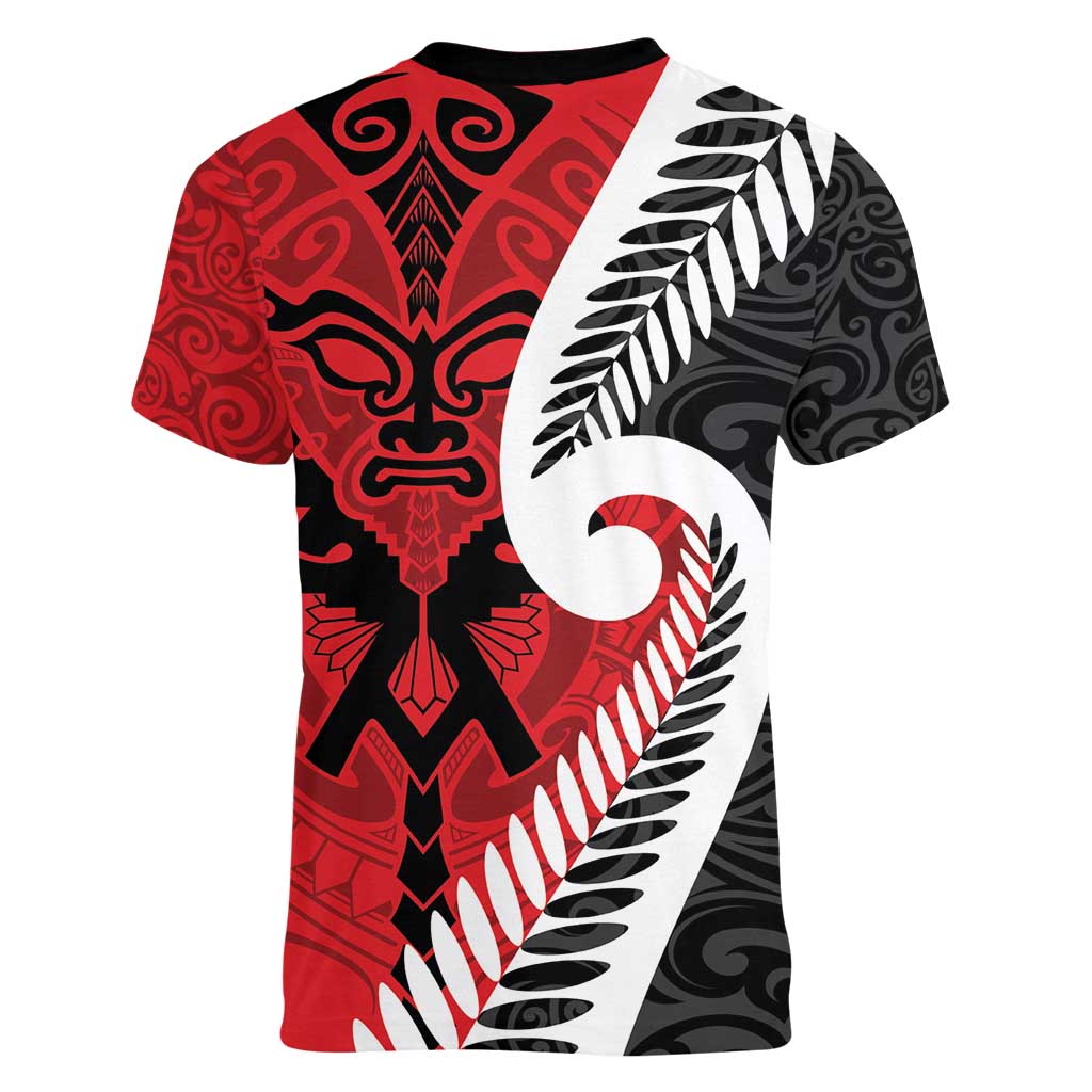 Silver Fern Koru Swirls with Maori Ta Moko Women V-Neck T-Shirt - Vibe Hoodie Shop