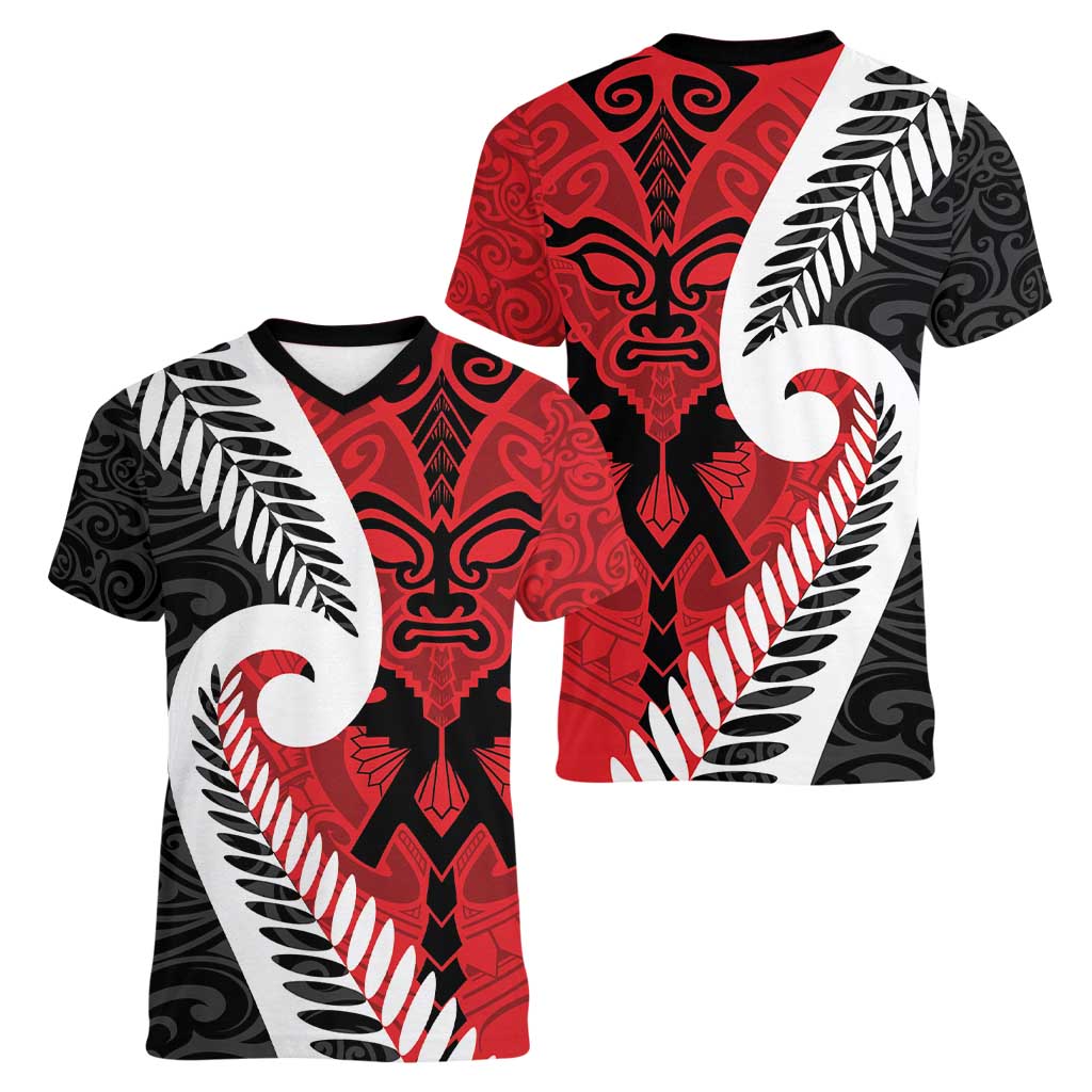 Silver Fern Koru Swirls with Maori Ta Moko Women V-Neck T-Shirt - Vibe Hoodie Shop