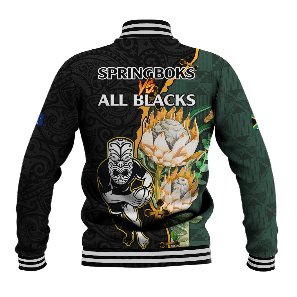 South Africa Protea and New Zealand Baseball Jacket Go All Black-Springboks Rugby with Kente And Maori - Vibe Hoodie Shop