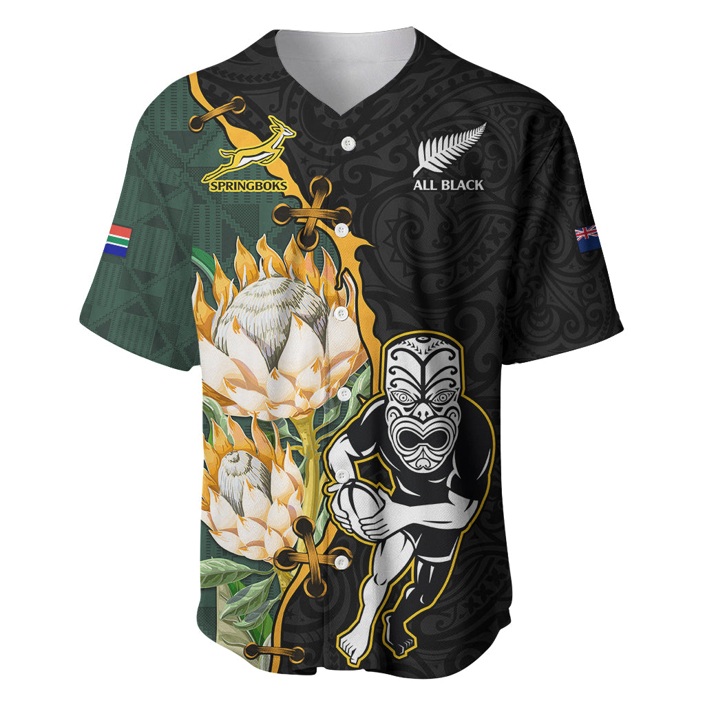 South Africa Protea and New Zealand Baseball Jersey Go All Black-Springboks Rugby with Kente And Maori - Vibe Hoodie Shop