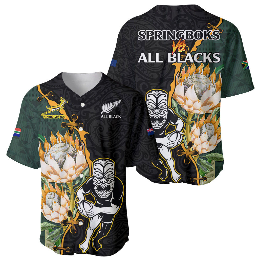 South Africa Protea and New Zealand Baseball Jersey Go All Black-Springboks Rugby with Kente And Maori - Vibe Hoodie Shop