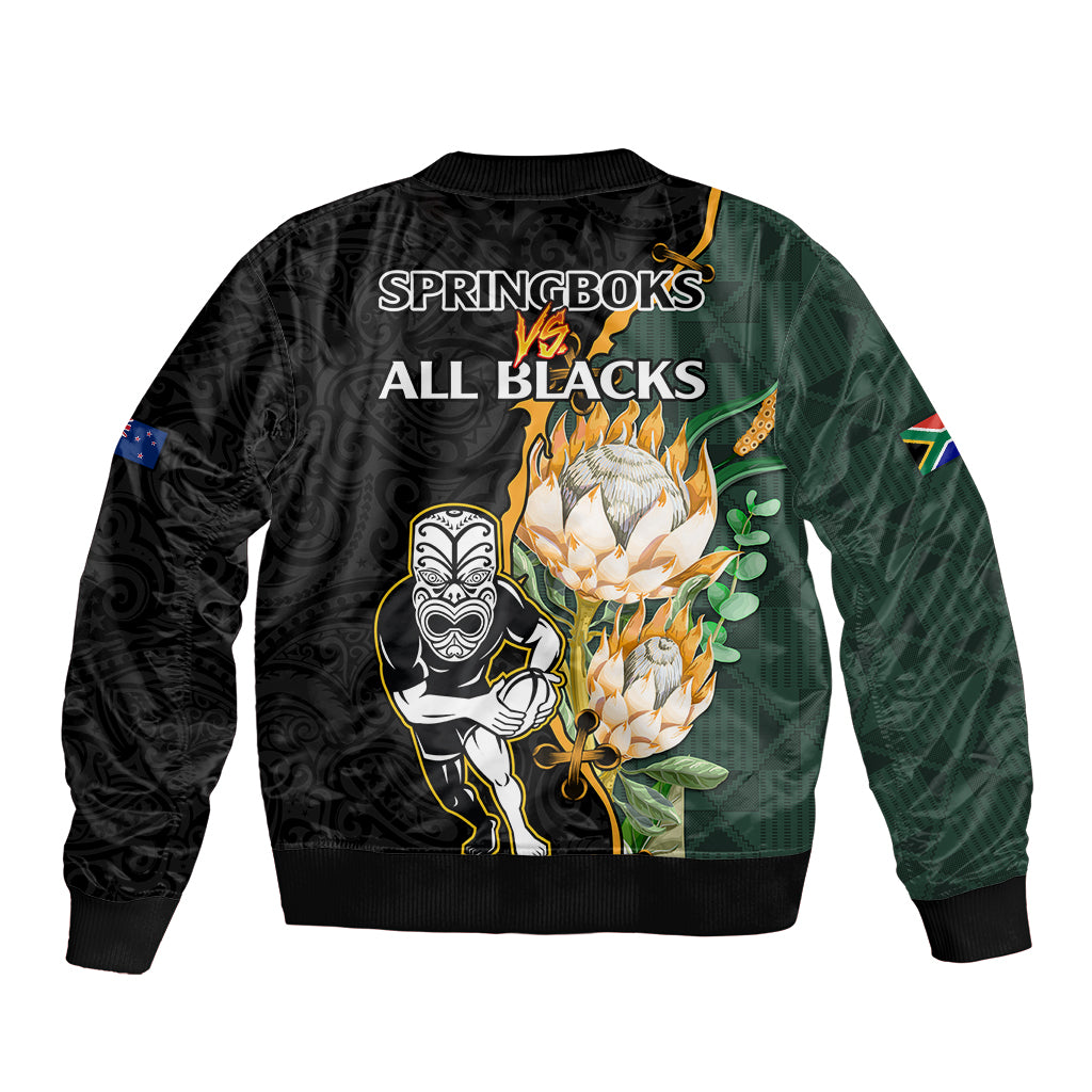South Africa Protea and New Zealand Bomber Jacket Go All Black-Springboks Rugby with Kente And Maori - Vibe Hoodie Shop