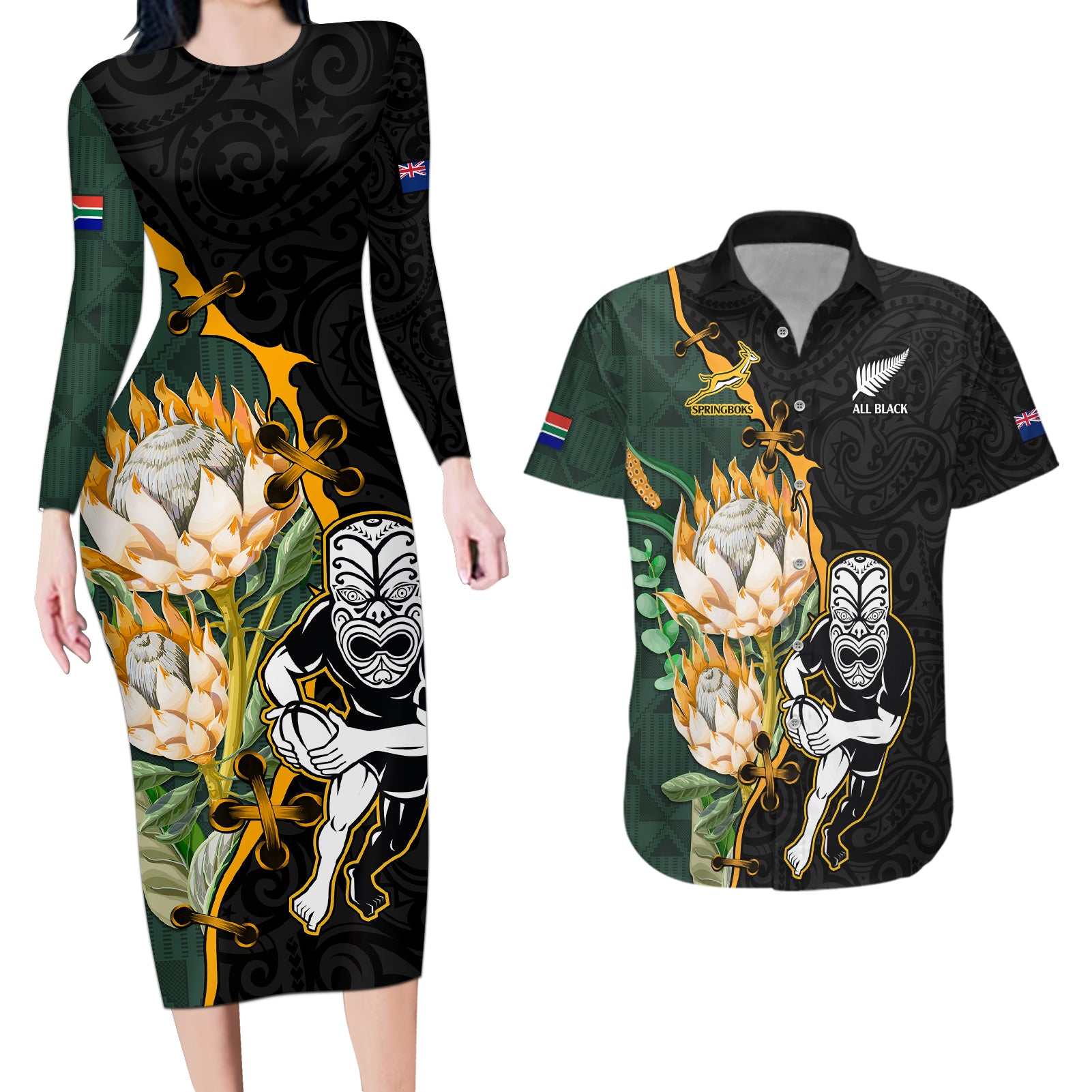south-africa-protea-and-new-zealand-couples-matching-long-sleeve-bodycon-dress-and-hawaiian-shirt-go-all-black-springboks-rugby-with-kente-and-maori