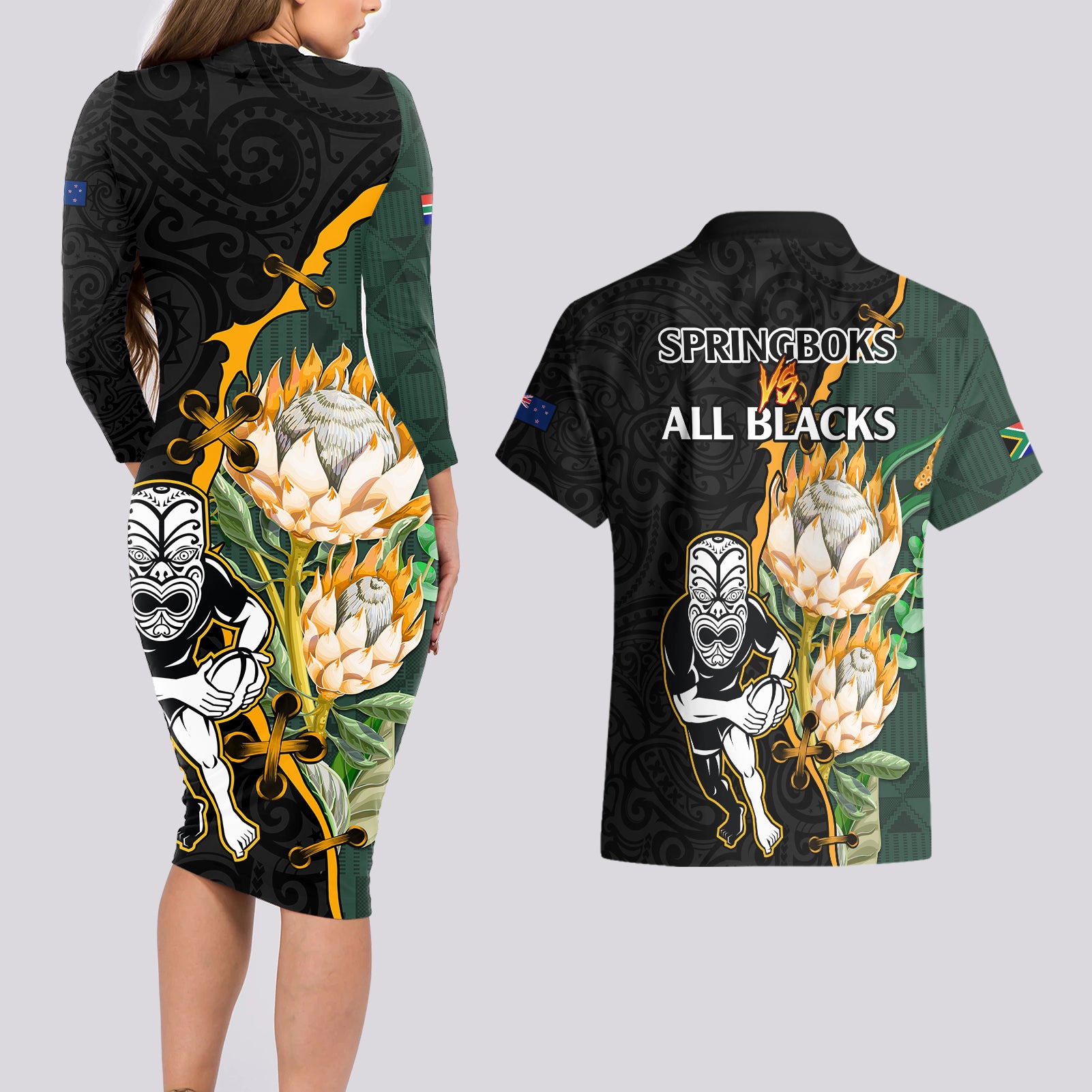 south-africa-protea-and-new-zealand-couples-matching-long-sleeve-bodycon-dress-and-hawaiian-shirt-go-all-black-springboks-rugby-with-kente-and-maori