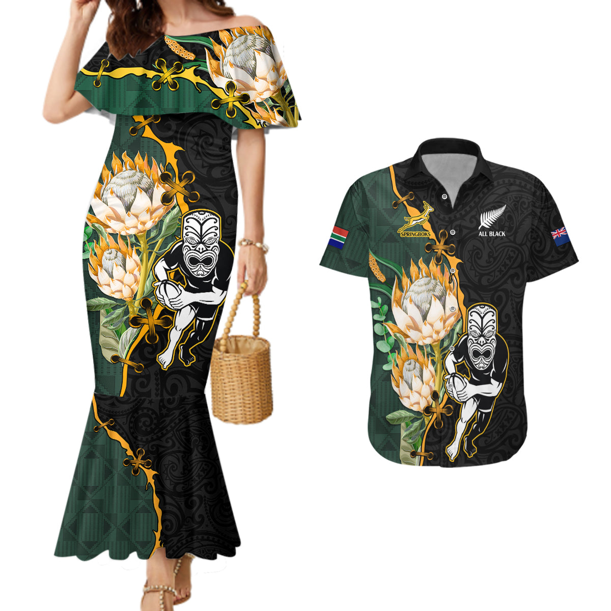 south-africa-protea-and-new-zealand-couples-matching-mermaid-dress-and-hawaiian-shirt-go-all-black-springboks-rugby-with-kente-and-maori
