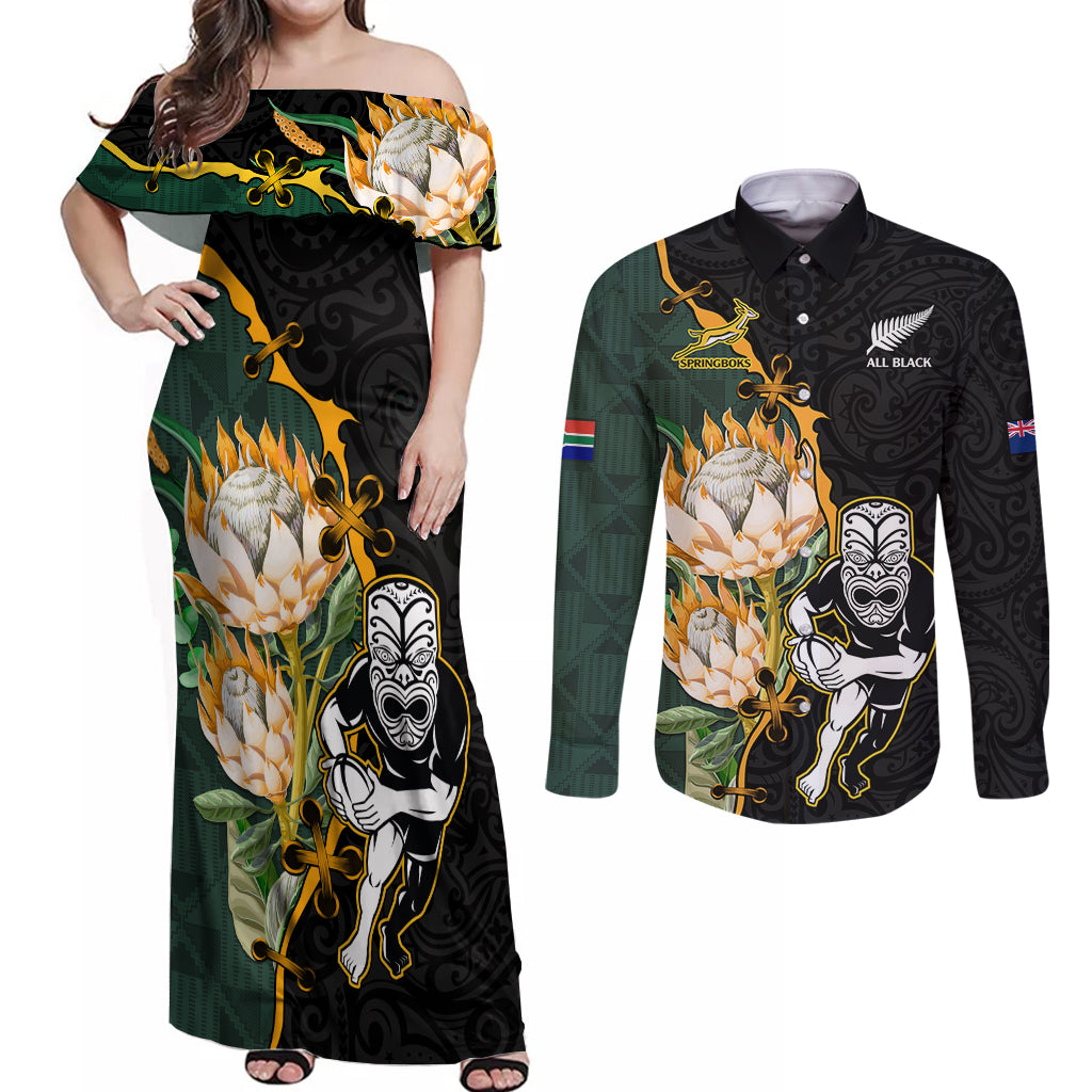 south-africa-protea-and-new-zealand-couples-matching-off-shoulder-maxi-dress-and-long-sleeve-button-shirts-go-all-black-springboks-rugby-with-kente-and-maori