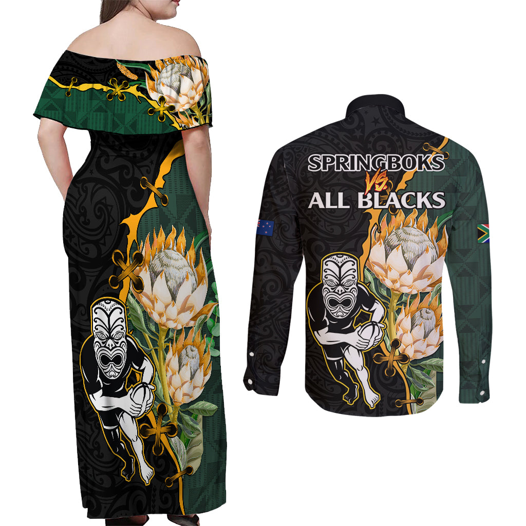 south-africa-protea-and-new-zealand-couples-matching-off-shoulder-maxi-dress-and-long-sleeve-button-shirts-go-all-black-springboks-rugby-with-kente-and-maori