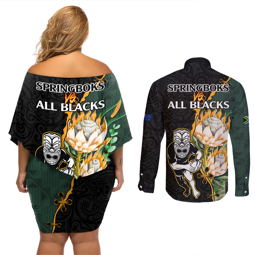 south-africa-protea-and-new-zealand-couples-matching-off-shoulder-short-dress-and-long-sleeve-button-shirts-go-all-black-springboks-rugby-with-kente-and-maori