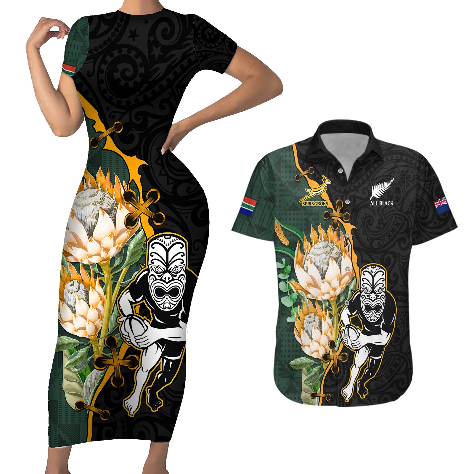 south-africa-protea-and-new-zealand-couples-matching-short-sleeve-bodycon-dress-and-hawaiian-shirt-go-all-black-springboks-rugby-with-kente-and-maori