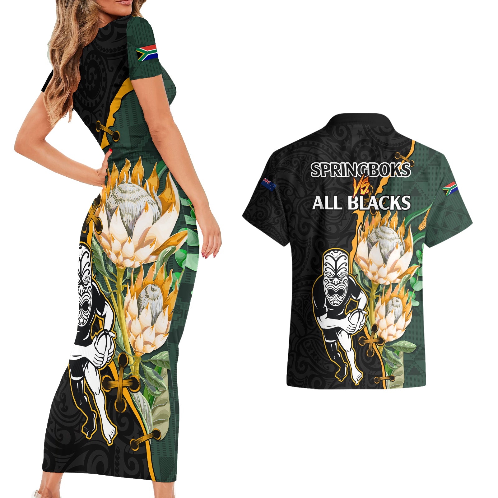 south-africa-protea-and-new-zealand-couples-matching-short-sleeve-bodycon-dress-and-hawaiian-shirt-go-all-black-springboks-rugby-with-kente-and-maori