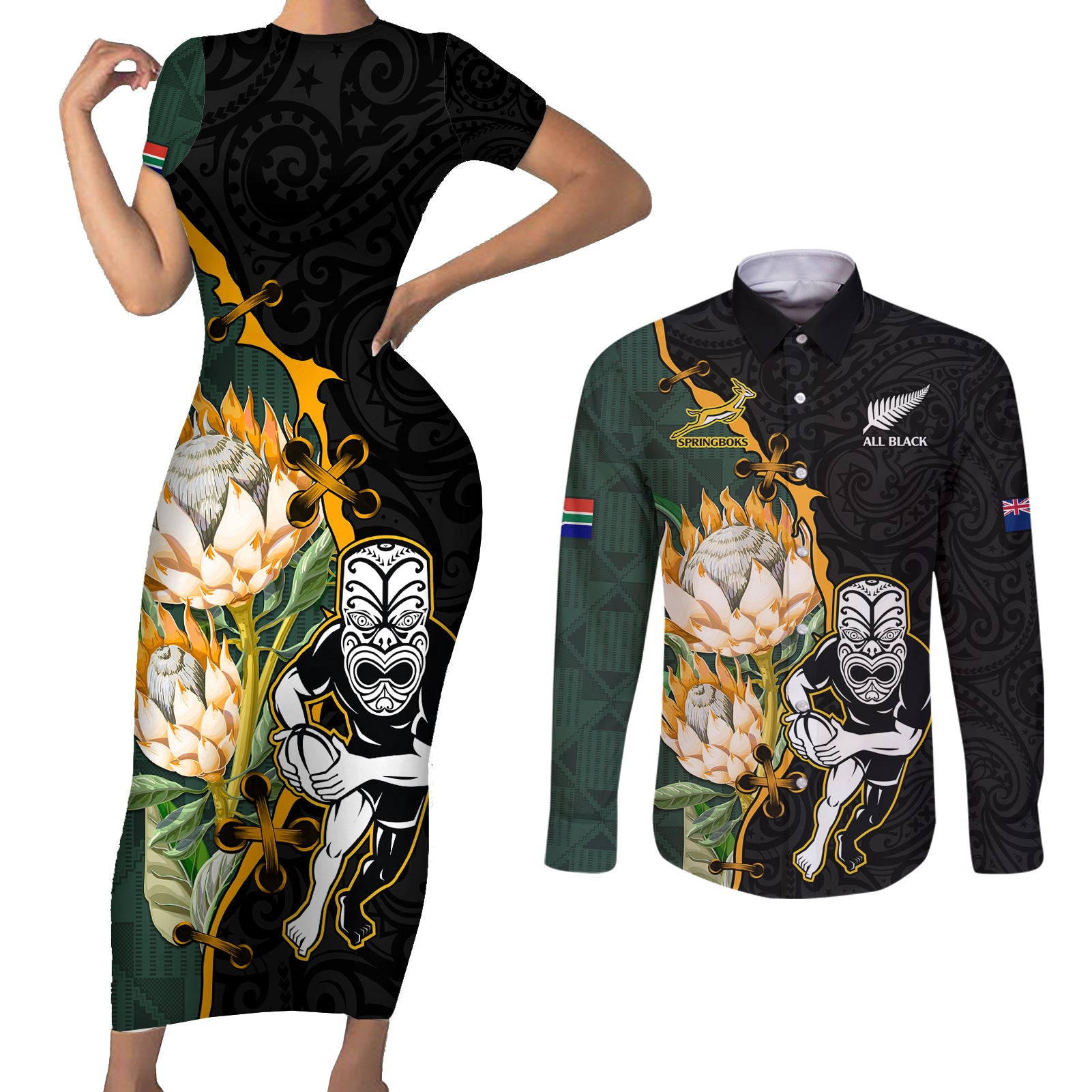 south-africa-protea-and-new-zealand-couples-matching-short-sleeve-bodycon-dress-and-long-sleeve-button-shirts-go-all-black-springboks-rugby-with-kente-and-maori