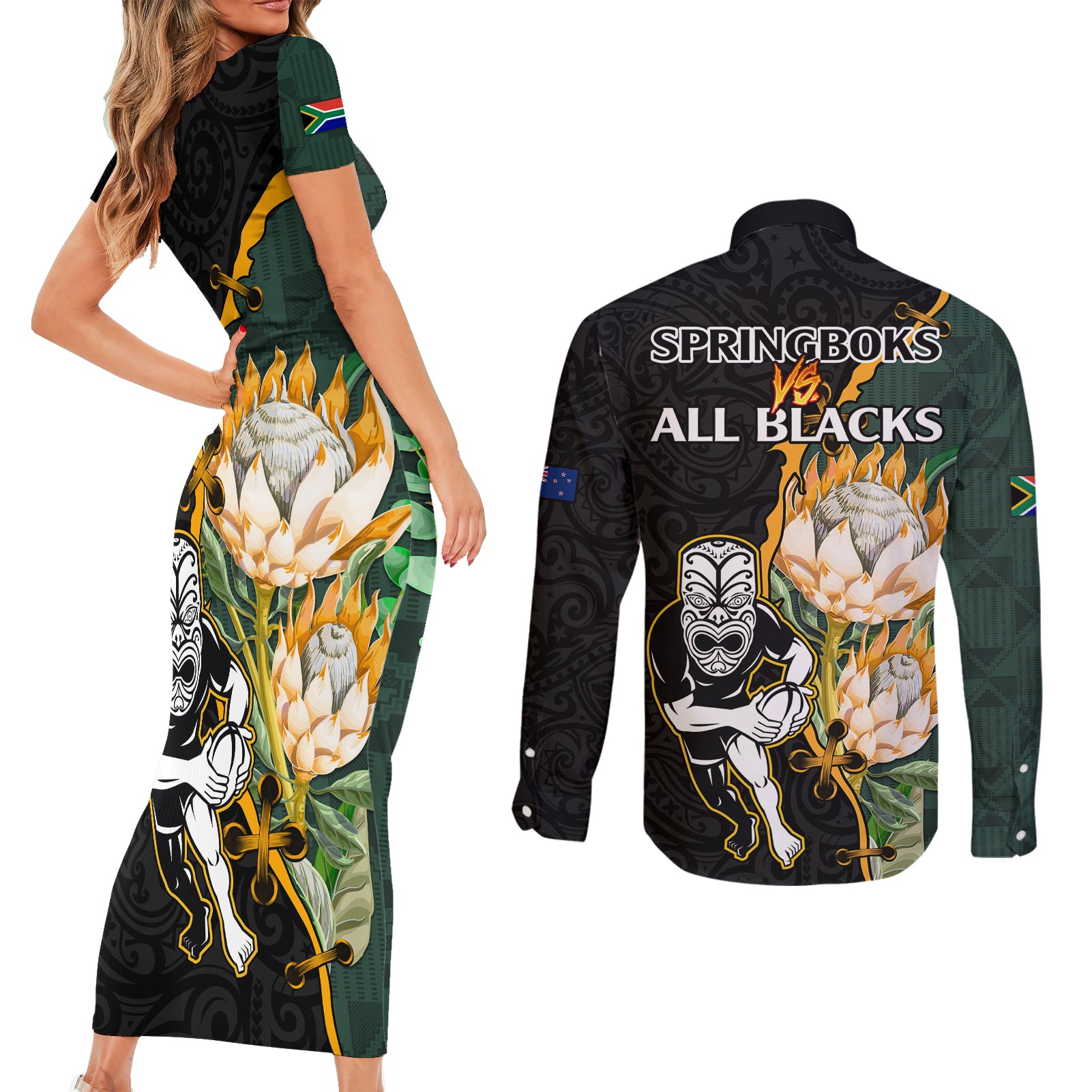 south-africa-protea-and-new-zealand-couples-matching-short-sleeve-bodycon-dress-and-long-sleeve-button-shirts-go-all-black-springboks-rugby-with-kente-and-maori