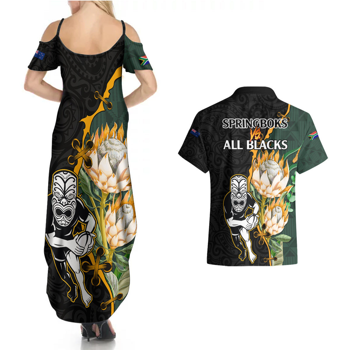 south-africa-protea-and-new-zealand-couples-matching-summer-maxi-dress-and-hawaiian-shirt-go-all-black-springboks-rugby-with-kente-and-maori