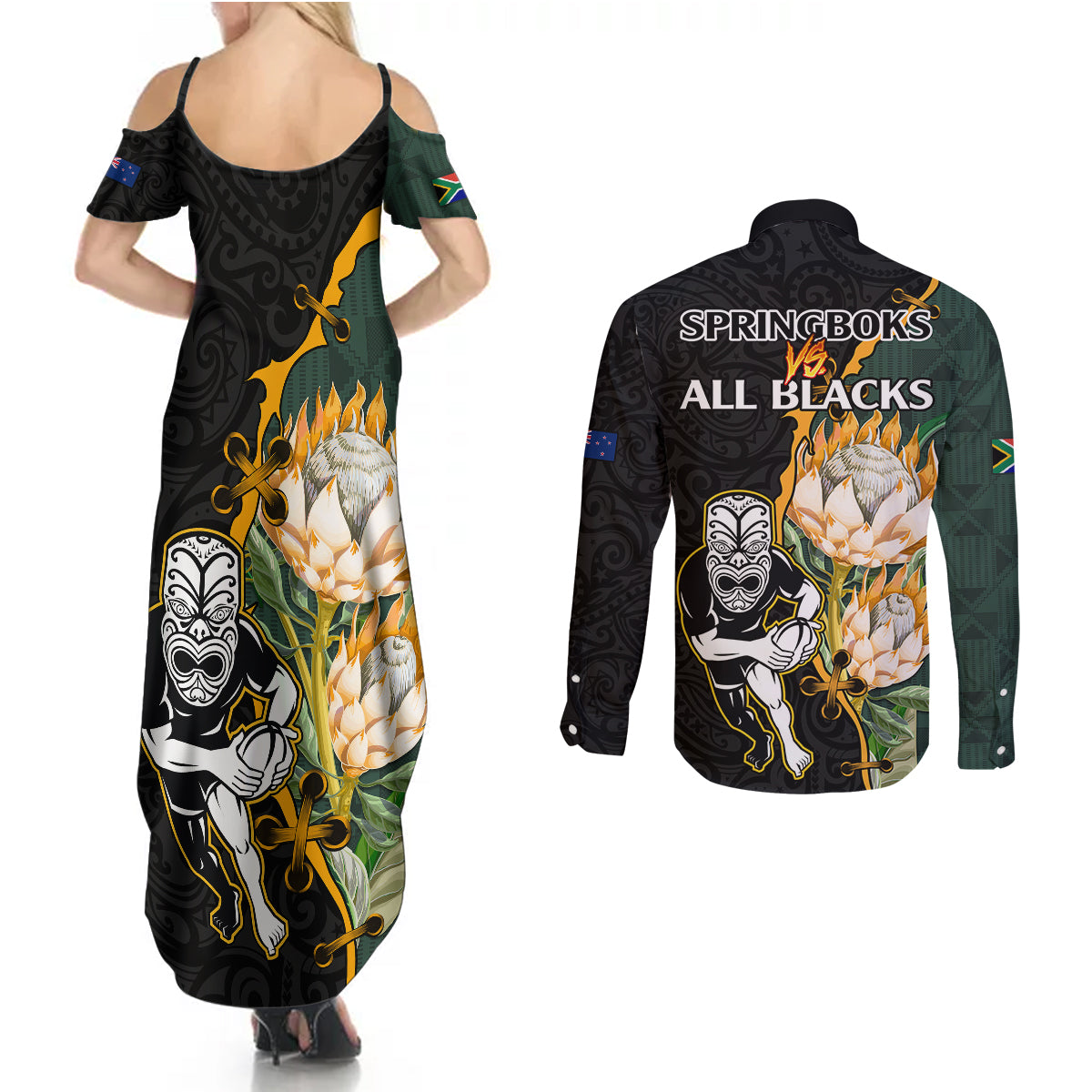 south-africa-protea-and-new-zealand-couples-matching-summer-maxi-dress-and-long-sleeve-button-shirts-go-all-black-springboks-rugby-with-kente-and-maori