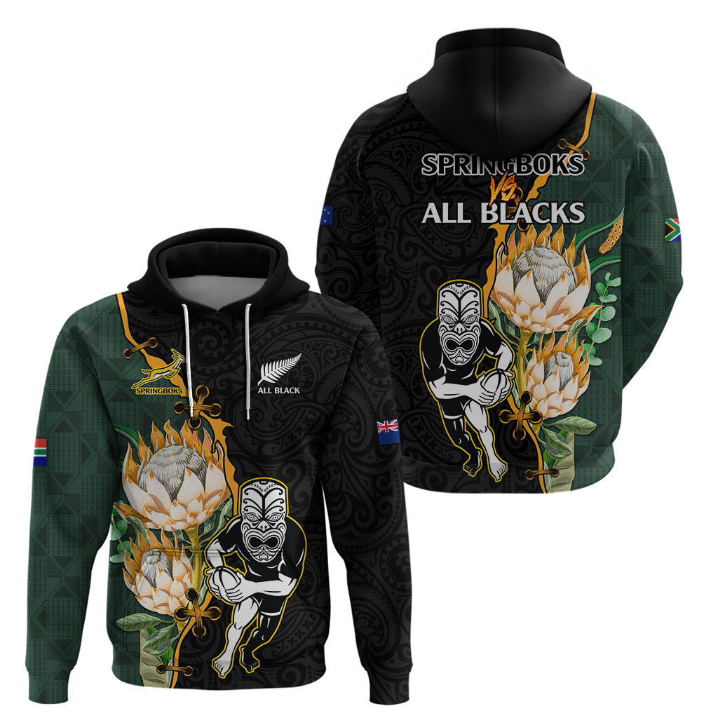 South Africa Protea and New Zealand Hoodie Go All Black-Springboks Rugby with Kente And Maori LT9 - Vibe Hoodie Shop