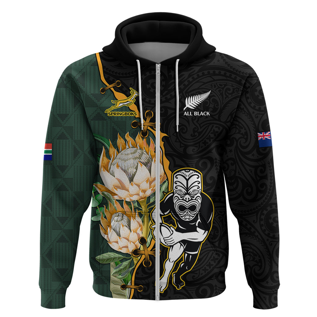 South Africa Protea and New Zealand Hoodie Go All Black-Springboks Rugby with Kente And Maori LT9 - Vibe Hoodie Shop