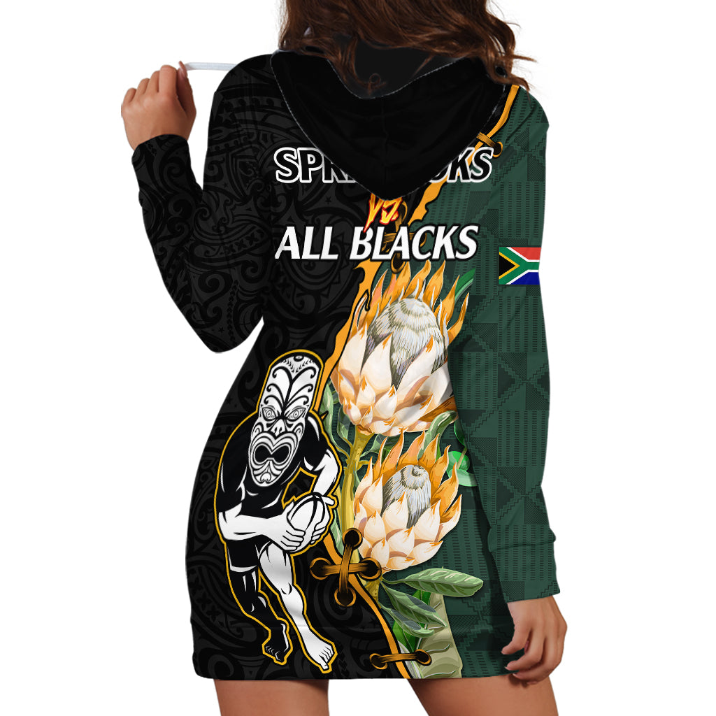 South Africa Protea and New Zealand Hoodie Dress Go All Black-Springboks Rugby with Kente And Maori - Vibe Hoodie Shop