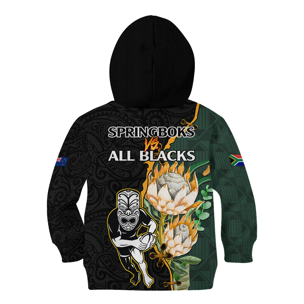 South Africa Protea and New Zealand Kid Hoodie Go All Black-Springboks Rugby with Kente And Maori - Vibe Hoodie Shop