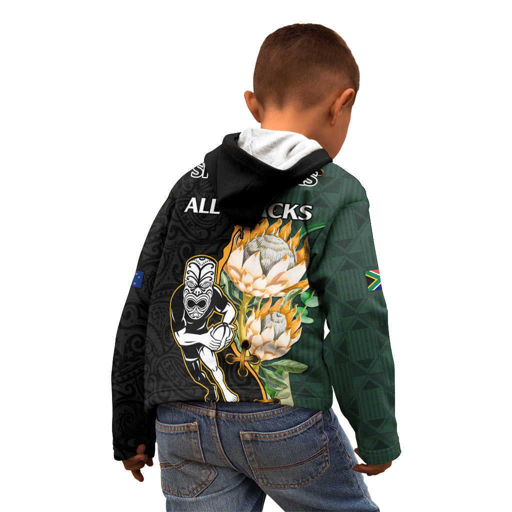 South Africa Protea and New Zealand Kid Hoodie Go All Black-Springboks Rugby with Kente And Maori - Vibe Hoodie Shop