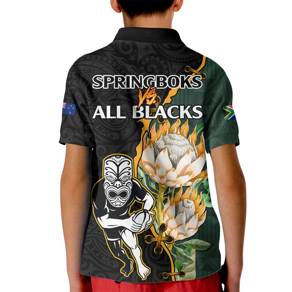 South Africa Protea and New Zealand Kid Polo Shirt Go All Black-Springboks Rugby with Kente And Maori - Vibe Hoodie Shop