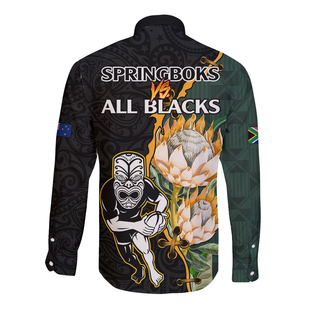 South Africa Protea and New Zealand Long Sleeve Button Shirt Go All Black-Springboks Rugby with Kente And Maori - Vibe Hoodie Shop