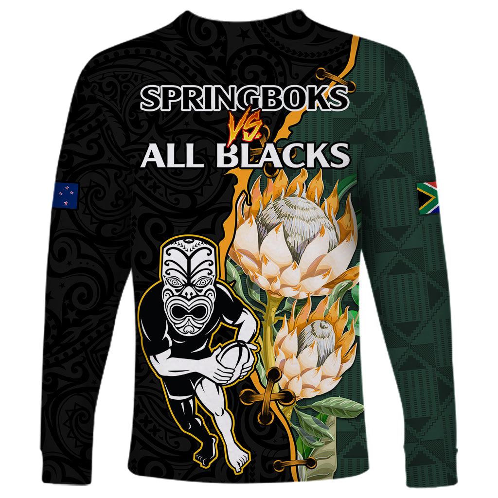 South Africa Protea and New Zealand Long Sleeve Shirt Go All Black-Springboks Rugby with Kente And Maori - Vibe Hoodie Shop