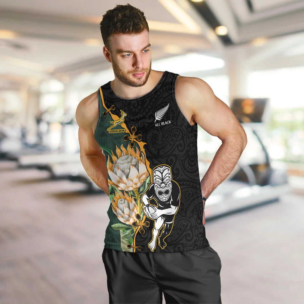 South Africa Protea and New Zealand Men Tank Top Go All Black-Springboks Rugby with Kente And Maori - Vibe Hoodie Shop