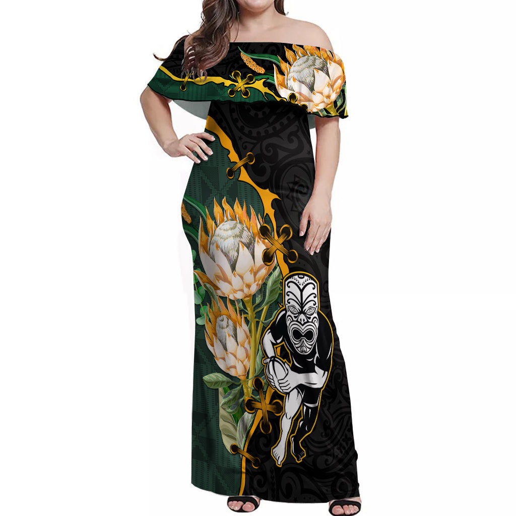 South Africa Protea and New Zealand Off Shoulder Maxi Dress Go All Black-Springboks Rugby with Kente And Maori - Vibe Hoodie Shop