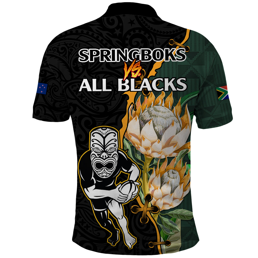 South Africa Protea and New Zealand Polo Shirt Go All Black-Springboks Rugby with Kente And Maori LT9 - Vibe Hoodie Shop
