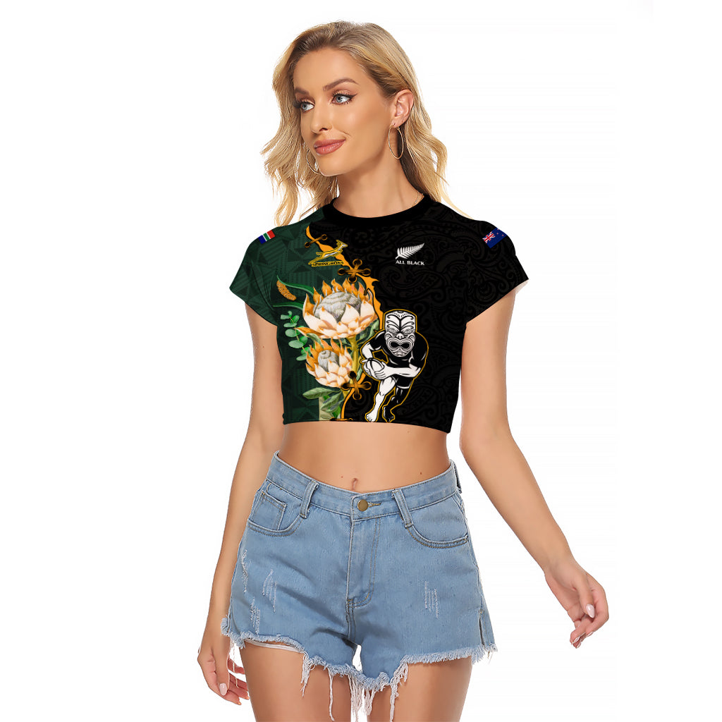 South Africa Protea and New Zealand Raglan Cropped T Shirt Go All Black-Springboks Rugby with Kente And Maori - Vibe Hoodie Shop