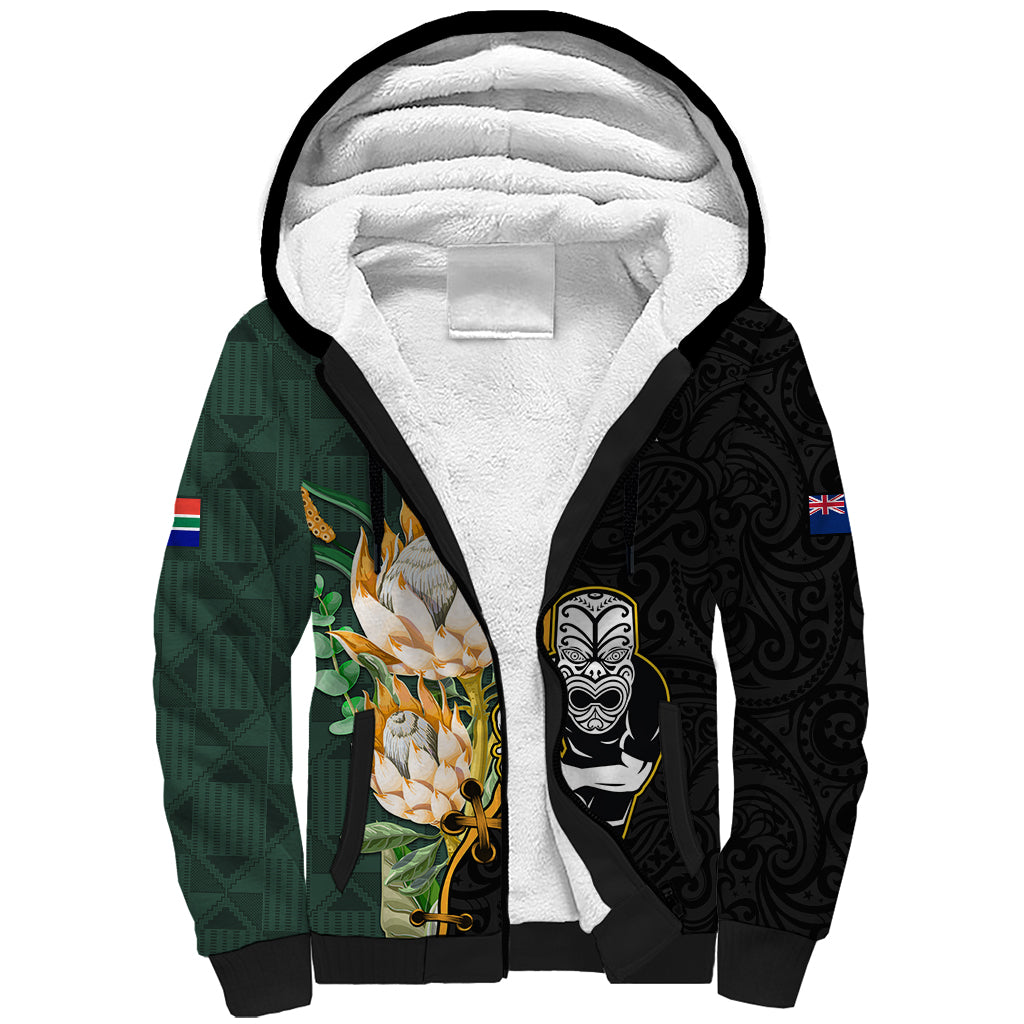 South Africa Protea and New Zealand Sherpa Hoodie Go All Black-Springboks Rugby with Kente And Maori - Vibe Hoodie Shop