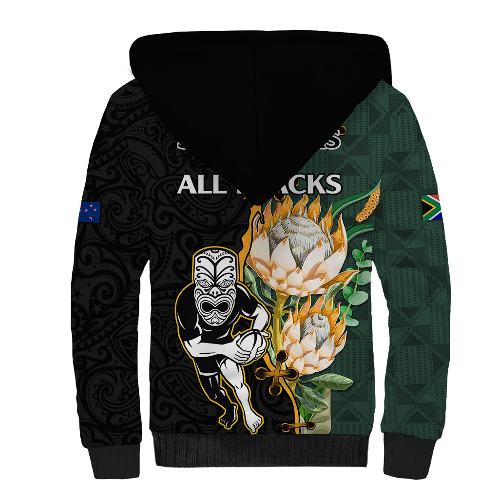 South Africa Protea and New Zealand Sherpa Hoodie Go All Black-Springboks Rugby with Kente And Maori - Vibe Hoodie Shop