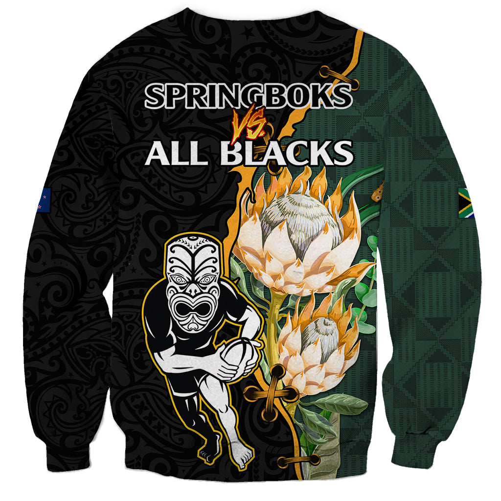 South Africa Protea and New Zealand Sweatshirt Go All Black-Springboks Rugby with Kente And Maori - Vibe Hoodie Shop