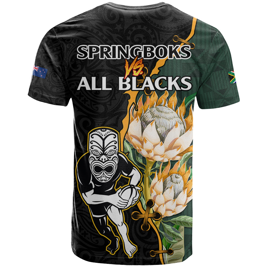 South Africa Protea and New Zealand T Shirt Go All Black-Springboks Rugby with Kente And Maori LT9 - Vibe Hoodie Shop