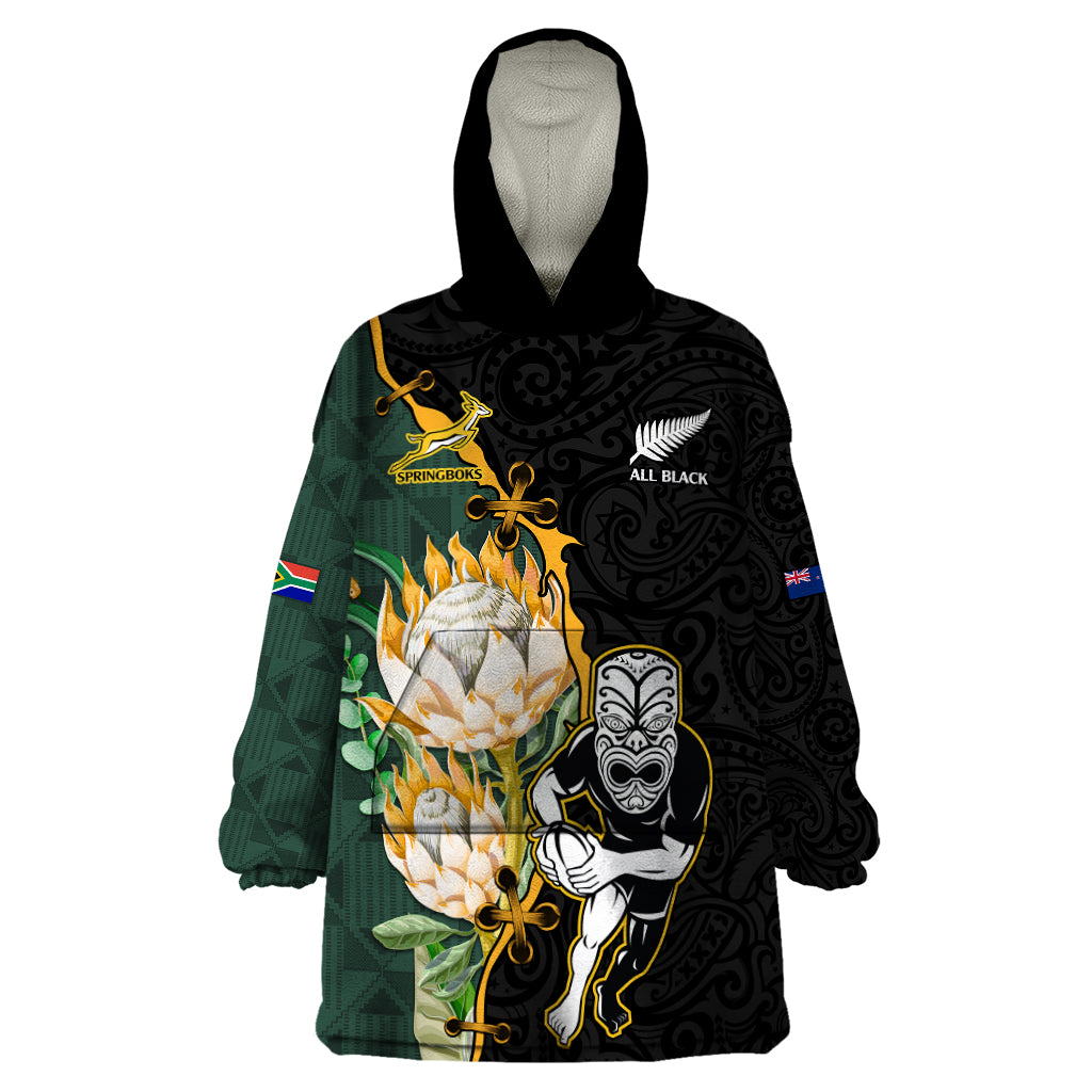 South Africa Protea and New Zealand Wearable Blanket Hoodie Go All Black-Springboks Rugby with Kente And Maori - Vibe Hoodie Shop