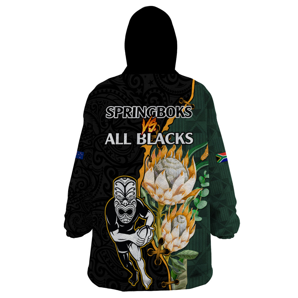 South Africa Protea and New Zealand Wearable Blanket Hoodie Go All Black-Springboks Rugby with Kente And Maori - Vibe Hoodie Shop