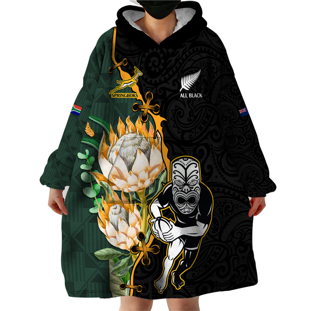 South Africa Protea and New Zealand Wearable Blanket Hoodie Go All Black-Springboks Rugby with Kente And Maori - Vibe Hoodie Shop