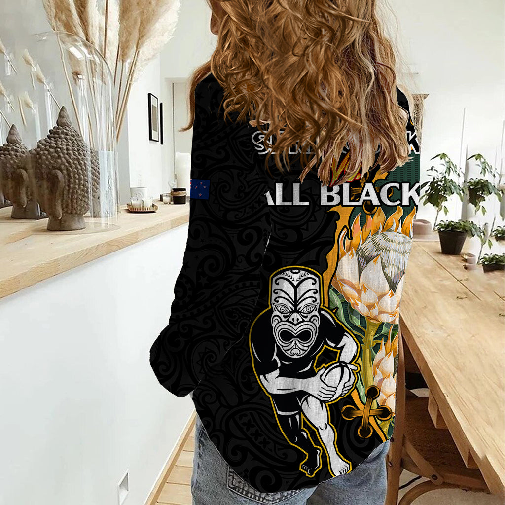 South Africa Protea and New Zealand Women Casual Shirt Go All Black-Springboks Rugby with Kente And Maori - Vibe Hoodie Shop