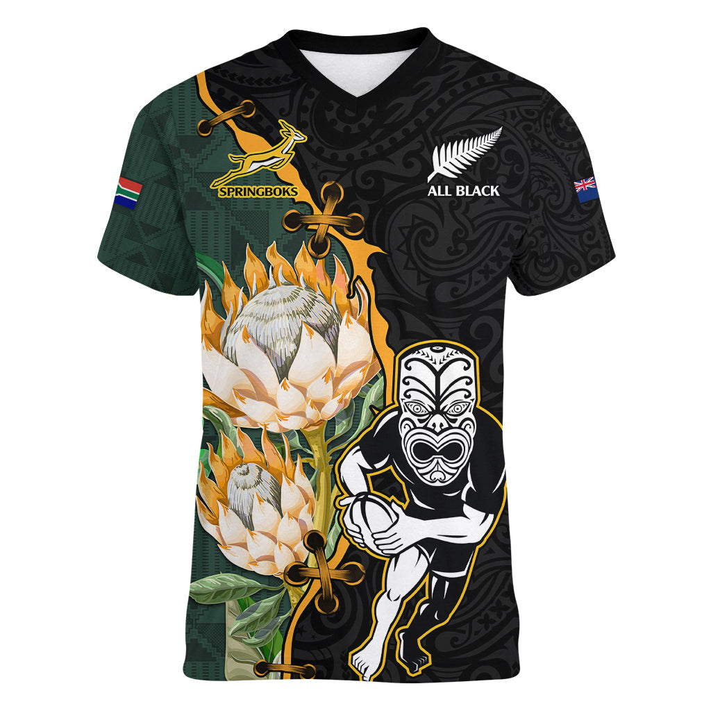 South Africa Protea and New Zealand Women V Neck T Shirt Go All Black-Springboks Rugby with Kente And Maori - Vibe Hoodie Shop