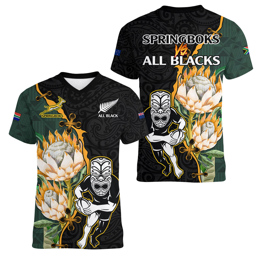 South Africa Protea and New Zealand Women V Neck T Shirt Go All Black-Springboks Rugby with Kente And Maori - Vibe Hoodie Shop