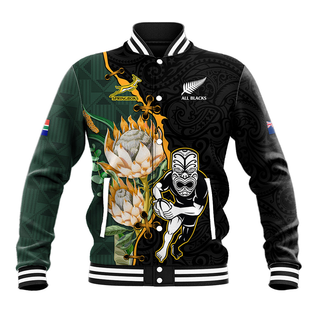 Custom South Africa Protea and New Zealand Baseball Jacket Go All Black-Springboks Rugby with Kente And Maori - Vibe Hoodie Shop