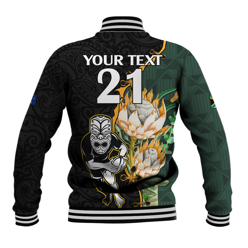 Custom South Africa Protea and New Zealand Baseball Jacket Go All Black-Springboks Rugby with Kente And Maori - Vibe Hoodie Shop