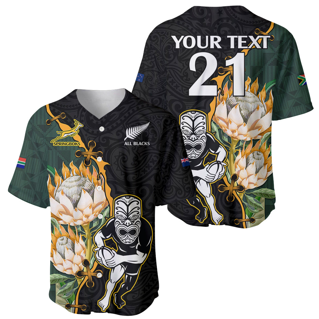 Custom South Africa Protea and New Zealand Baseball Jersey Go All Black-Springboks Rugby with Kente And Maori - Vibe Hoodie Shop